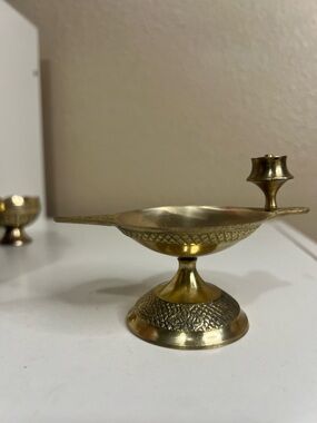 Vintage Brass Diya Oil Lamp & Bell Set Etched Handcrafted Indian Decor